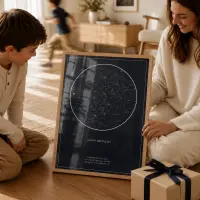 A mother and son kneeling beside a framed navy star map next to a gift box tied with a ribbon